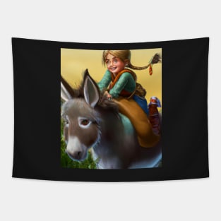 Girl with blond ponytail riding a cute donkey Tapestry