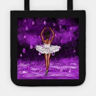 Black ballerina with white tutu dancing in the rain, ballerina among raindrops falling into Water Tote