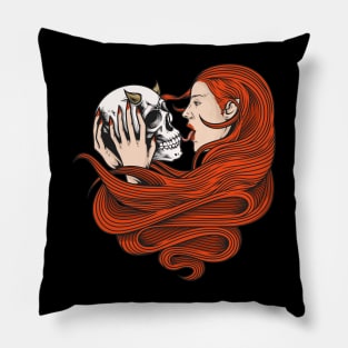 girl holding skull illustration Pillow