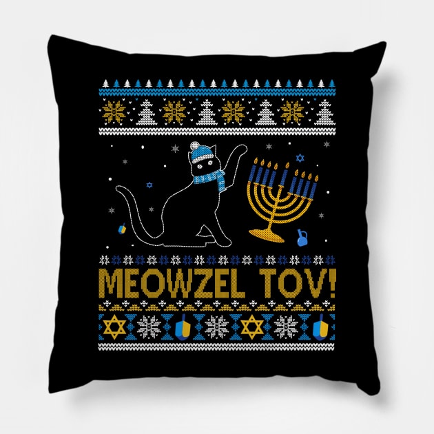 Meowzel Tov Black Cat Funny Hanukkah Chanukah Men Women Kids Pillow by _So who go sayit_