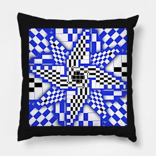 Blue Black and White Checkered Pinwheel Optical Illusion Pillow