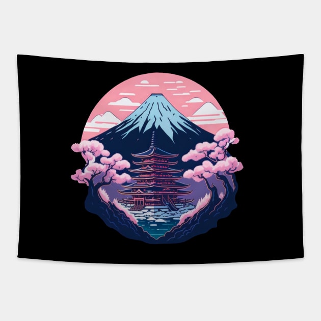 Symmetrical Japanese Pagoda, Mountain and Flowers Tapestry by Lady Lilac