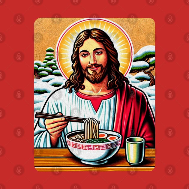 Jesus Christ Eating Ramen Drinking Matcha Japanese Garden White Christmas by Plushism