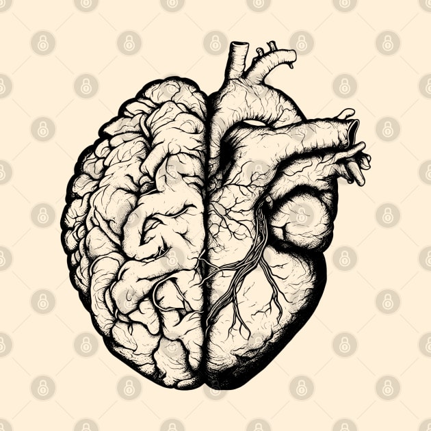 Half brain half heart, brain or heart and feeling, human heart and brain in black by Collagedream