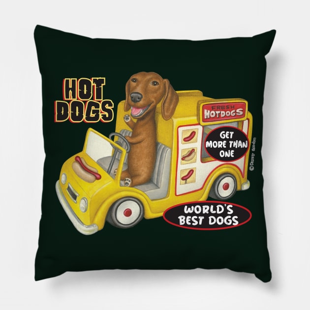 fun cute awesome Doxie Dachshund in Yellow Hotdog Truck Pillow by Danny Gordon Art