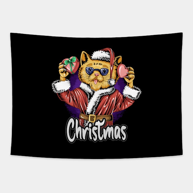 christmas-santa-claus-cute-cat-wearing-sunglasses-bringing-christmas-gifts-kids-christmas Tapestry by zwestshops