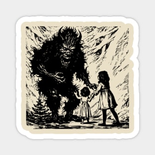 Krampus Scaring Children - Woodcut Printed Christmas Illustration Magnet