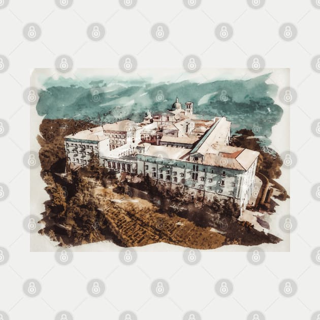 Historic Montecassino Abbey / Mountains of Italy Near Rome / Watercolor Travel Painting by Naumovski