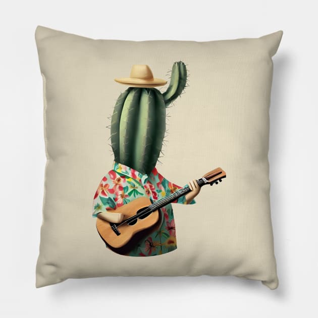 a cactus wearing a hawaiian shirt and playing a ukulele Pillow by Farmer