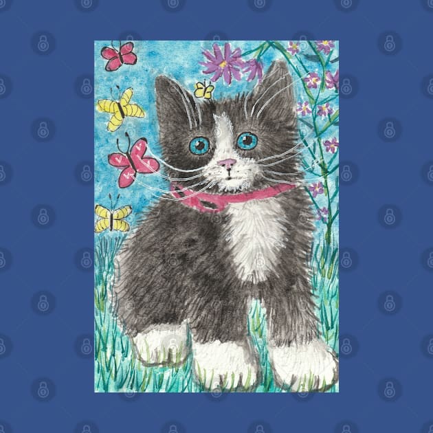 Tuxedo kitten cat  flowers by SamsArtworks