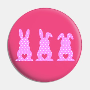 Three Easter Bunnies with Heart Shaped Tails Pink Polkadots Pin