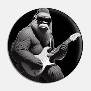 Bigfoot Playing Guitar Rock and Roll Sasquatch Black & White Pin