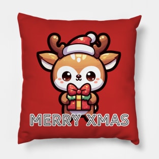 cute christmas deer holding a gift for everyone Pillow