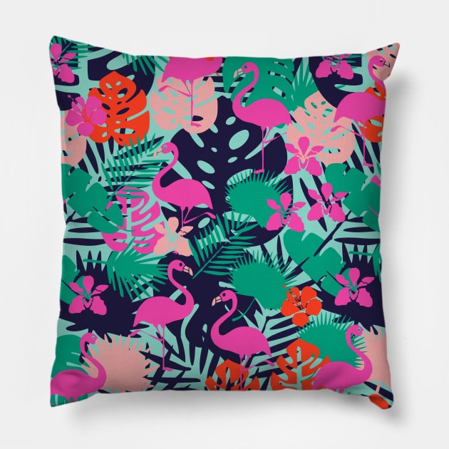 Pink Flamingo with Tropical Leaves Pillow by kapotka