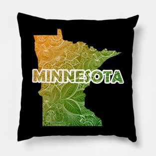 Colorful mandala art map of Minnesota with text in green and orange Pillow