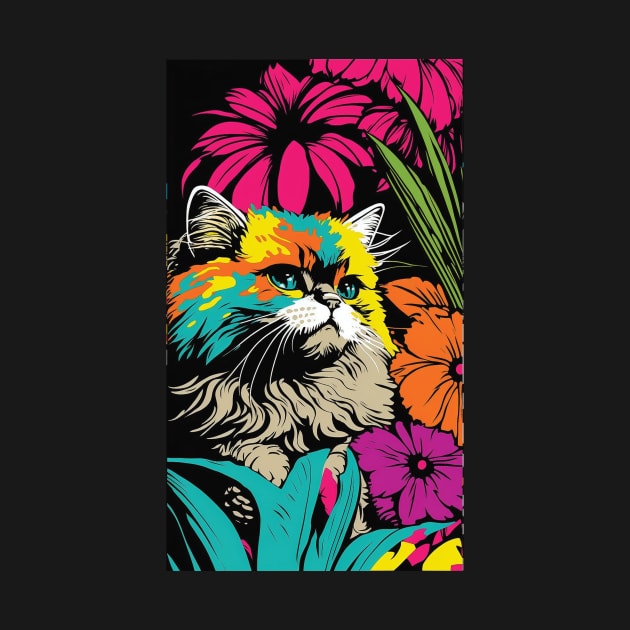 Persian Cat Vibrant Tropical Flower Tall Retro Vintage Digital Pop Art Portrait by ArtHouseFlunky