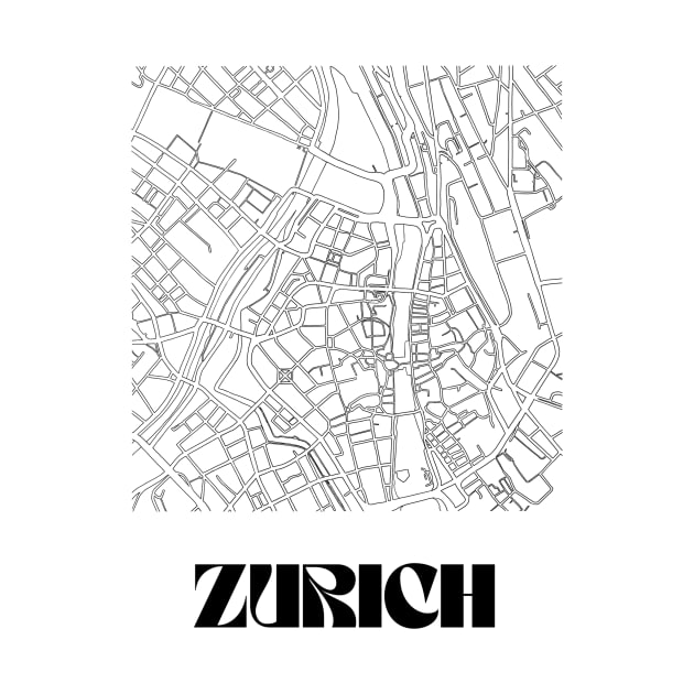 Retro Map of Zurich, Switzerland Minimalist Line Drawing by SKANDIMAP