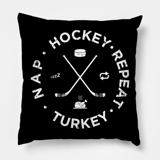 Distressed Hockey Turkey Nap Repeat Funny Thanksgiving Pillow by teeleoshirts