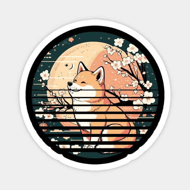 Shiba Inu Dog, Retro Sunset Style, Cherry Blossom, Japanese Magnet by logiamerch