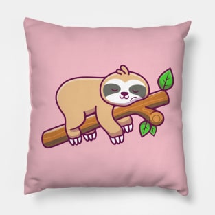 Cute Sloth Sleeping On Tree Cartoon Pillow