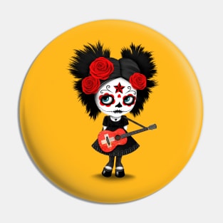 Sugar Skull Girl Playing Swiss Flag Guitar Pin