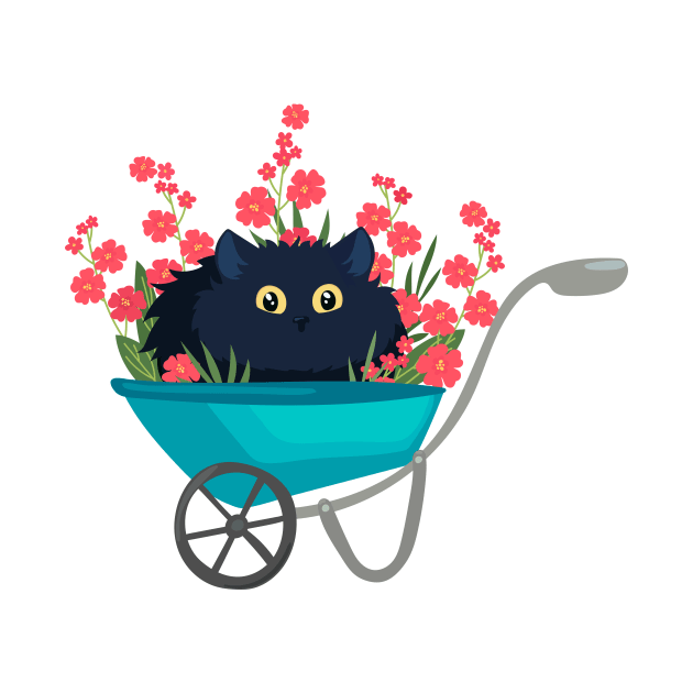 black cat in a garden wheelbarrow with red flowers by  ESHA-Studio