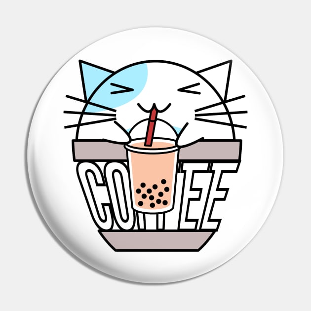 Cat in coffee cup with warped text drinking boba light blue Pin by coffeewithkitty