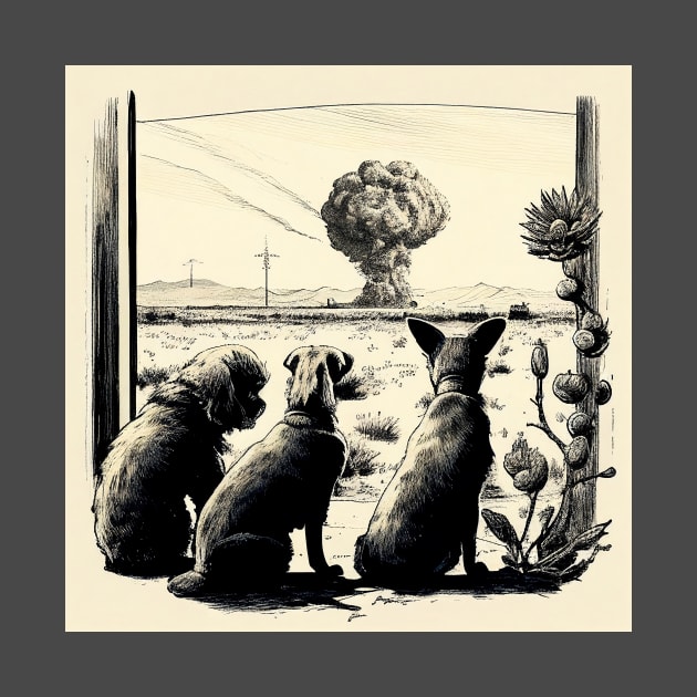 Dogs watching nuclear blast retro by One Eyed Cat Design