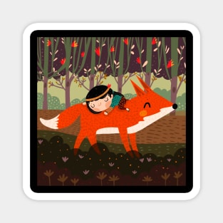 Red fox and girl Magnet