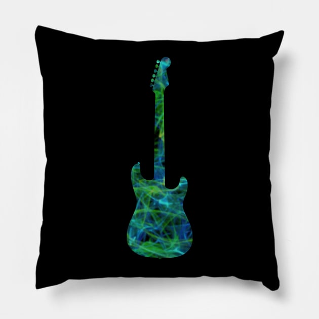 Green on Blue Flame Guitar Silhouette Pillow by gkillerb