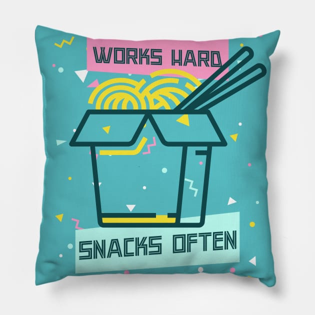 Works Hard, Snacks Often - Noodles Edition Pillow by Camp Happy Hour