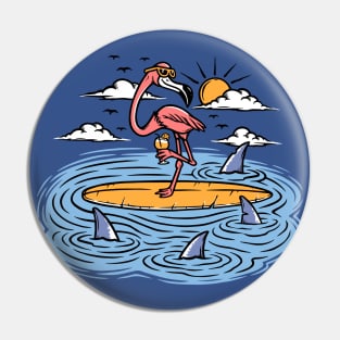 Funny Cartoon Flamingo Surrounded by Sharks Pin