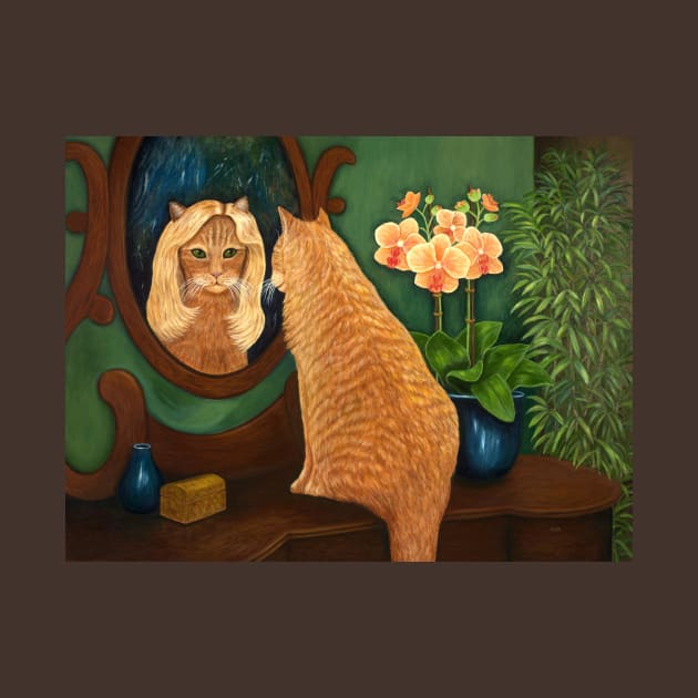Ginger Cat Looking in Mirror with Blonde Wig by KarenZukArt