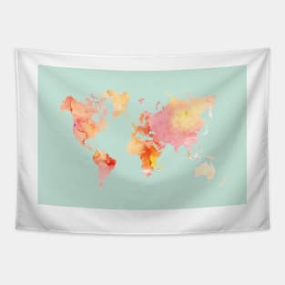 World Map Watercolor, Blush and Mint Palette Tapestry