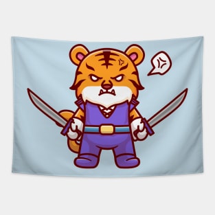 Cute Tiger Warrior Holding Sword Cartoon Tapestry