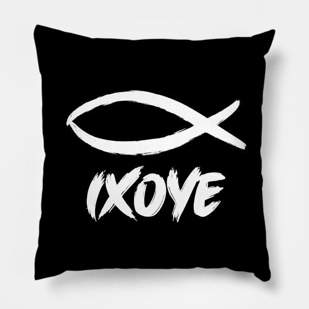 IXOYE (Christian Fish or Ichthys) is an acrostic for Iēsoûs Khrīstós Theoû Huiós Sōtêr which translates into "Jesus Christ, God's Son, Savior" white text Pillow by Selah Shop