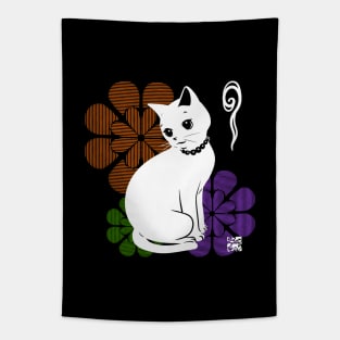 Floral Pattern And White Cat Tapestry