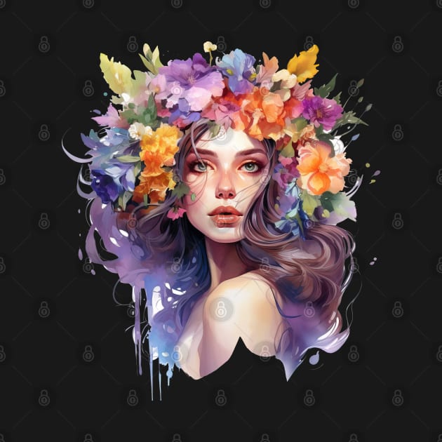 Woman with flowers on her head by RosaliArt