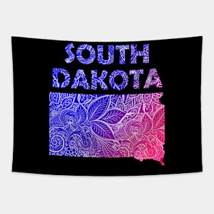 Colorful mandala art map of South Dakota with text in blue and violet Tapestry