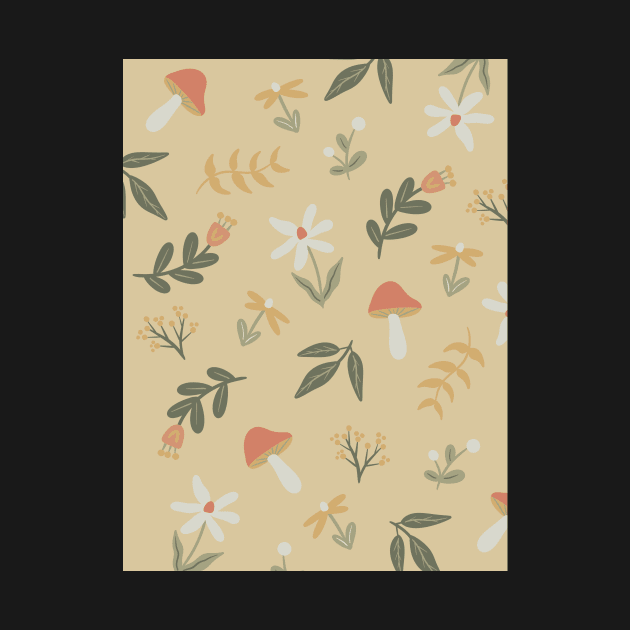 Flower & Mushroom Pattern - Yellow by mckhowdesign