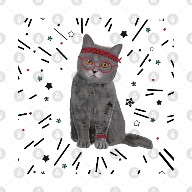 Hand drawn hipster cat with stars pattern by GULSENGUNEL