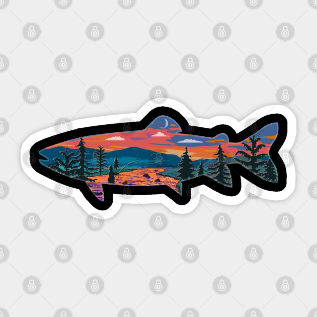 Trout Silhouette Fly Fishing Mountain Sunset River Stream Art - Fishing - Sticker