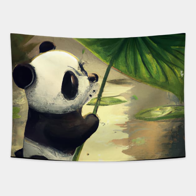 Panda with Leaf Umbrella Tapestry by maxcode