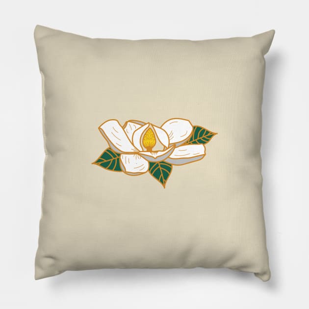 Farmhouse Floral White Magnolia Flower with Green Botanical Leaves and Gold Copper Outline Pillow by Little Shop of Nola