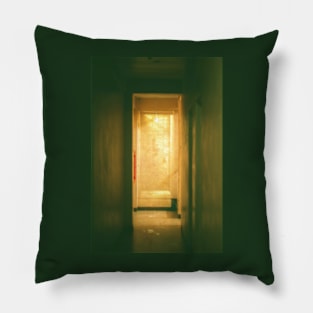 Digital collage, special processing. Room, corridor. Look from darkness to light. Yellow. Sun light. Low contrast. Pillow