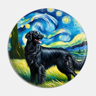 Starry Flat-coated Retriever Dog Portrait - Pet Portrait Pin