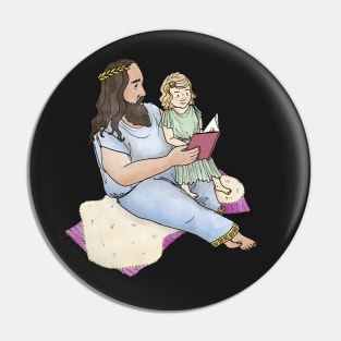 Father and Daughter in Ancient Greek costume reading a book together - by Greek Myth Comix Pin