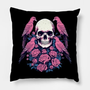 Skull and Flowers and Birds Pillow