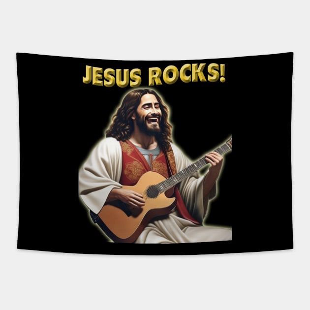 Jesus Rocks Jesus Playing Guitar Share Your Faith Christian Tapestry by DonnaPeaches