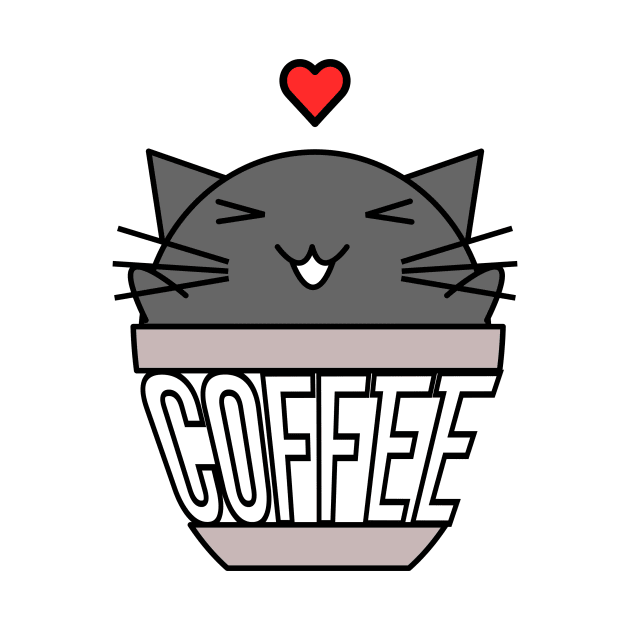 Happy cat in coffee cup with warped text heart on head black by coffeewithkitty